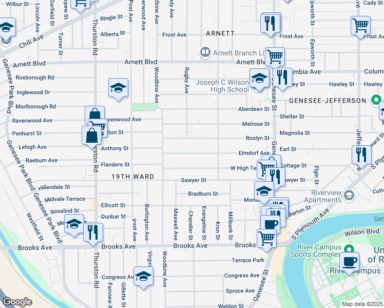 map of restaurants, bars, coffee shops, grocery stores, and more near 240 Elmdorf Avenue in Rochester
