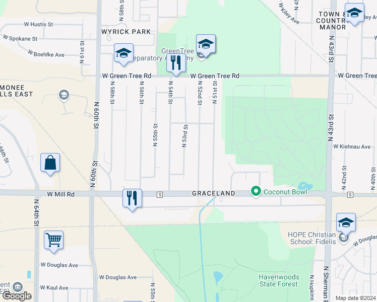 map of restaurants, bars, coffee shops, grocery stores, and more near 6534 North 53rd Street in Milwaukee