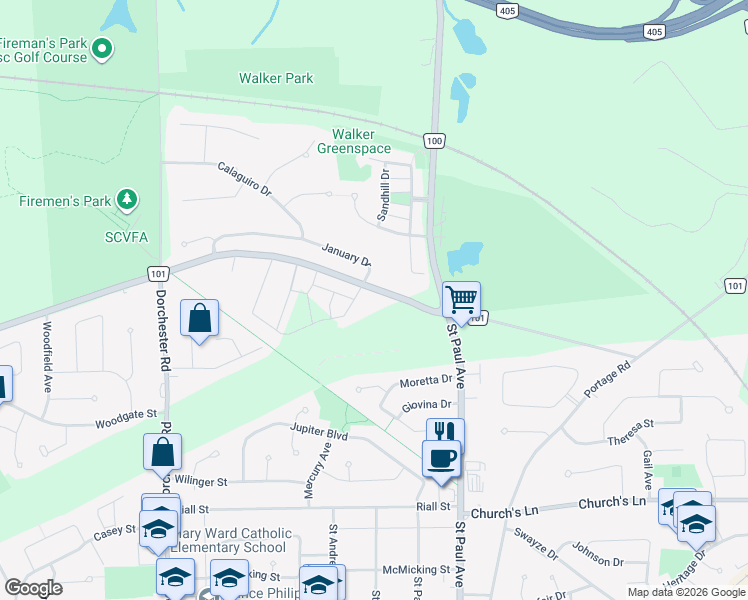 map of restaurants, bars, coffee shops, grocery stores, and more near 6398 Mountain Road in Niagara Falls