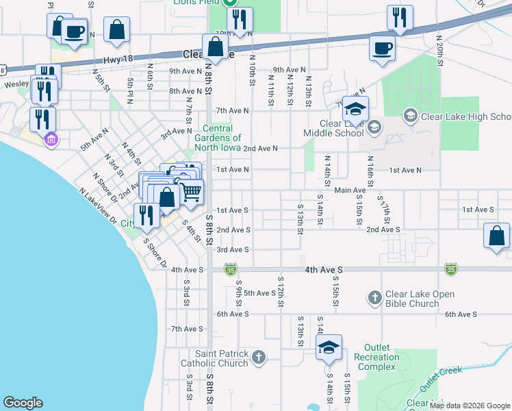 map of restaurants, bars, coffee shops, grocery stores, and more near 909 Main Avenue in Clear Lake