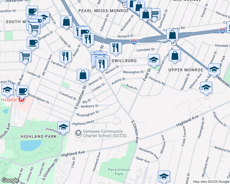 map of restaurants, bars, coffee shops, grocery stores, and more near 1126 Clinton Avenue South in Rochester
