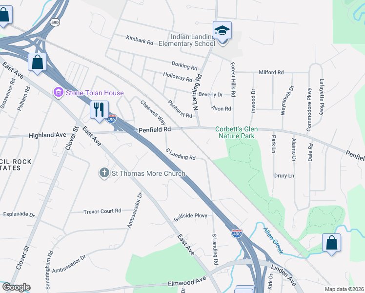 map of restaurants, bars, coffee shops, grocery stores, and more near 249 Penfield Road in Rochester
