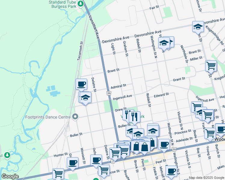 map of restaurants, bars, coffee shops, grocery stores, and more near 210 Vansittart Avenue in Woodstock