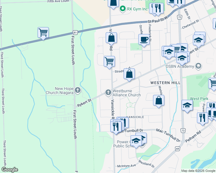 map of restaurants, bars, coffee shops, grocery stores, and more near in St. Catharines