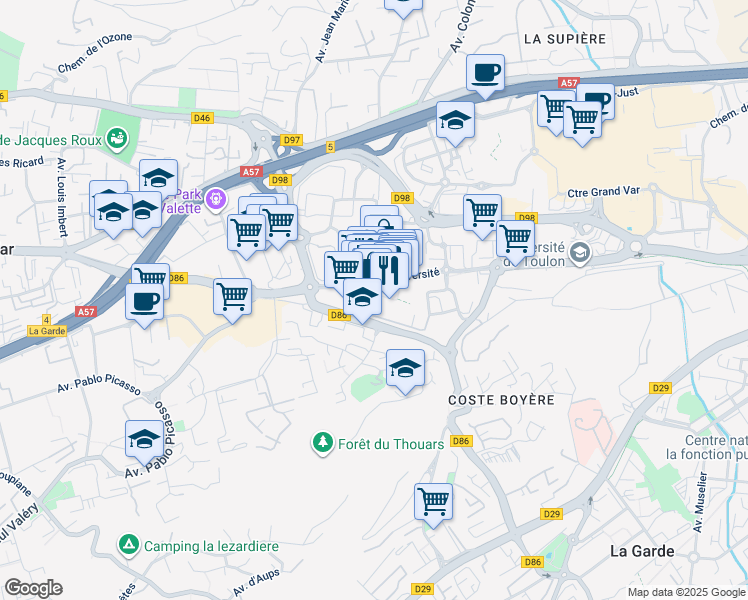 map of restaurants, bars, coffee shops, grocery stores, and more near 300 Avenue de l'Université in La Valette-du-Var