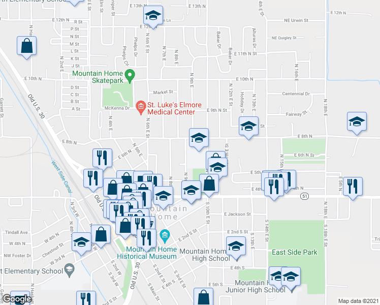 map of restaurants, bars, coffee shops, grocery stores, and more near 590 North 9th East in Mountain Home