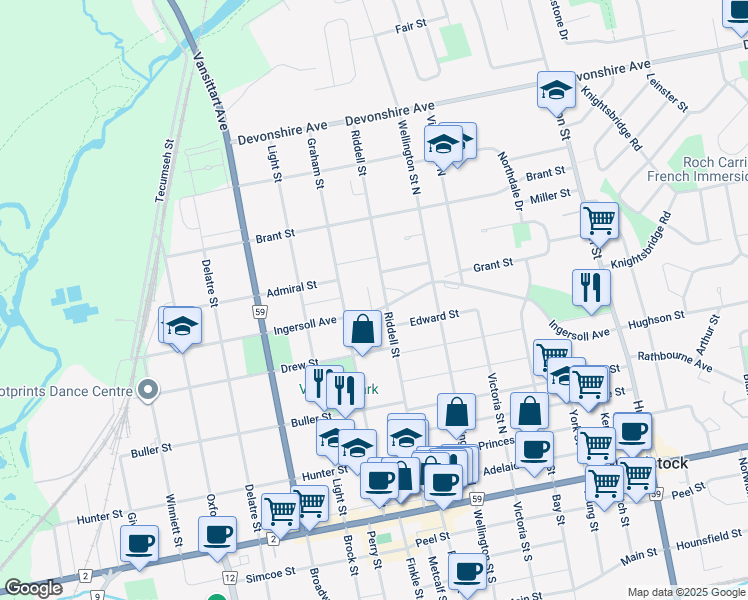 map of restaurants, bars, coffee shops, grocery stores, and more near 467 Ingersoll Avenue in Woodstock