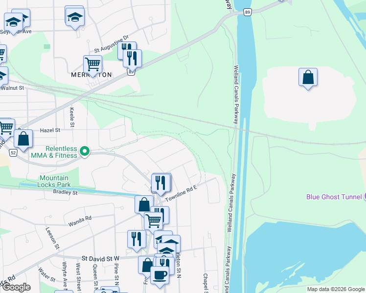 map of restaurants, bars, coffee shops, grocery stores, and more near 27 Fairburn Avenue in Saint Catharines