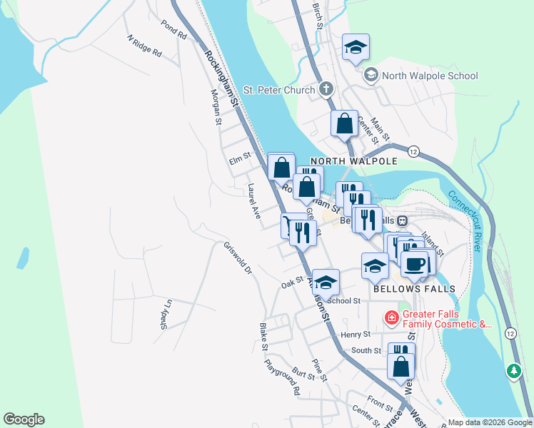 map of restaurants, bars, coffee shops, grocery stores, and more near 10 Wells Street in Town of Rockingham