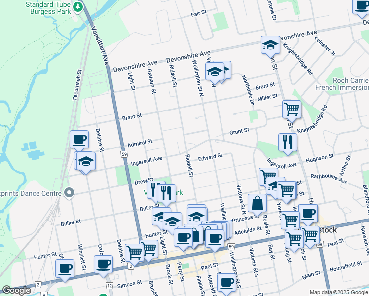 map of restaurants, bars, coffee shops, grocery stores, and more near 477 Ingersoll Avenue in Woodstock