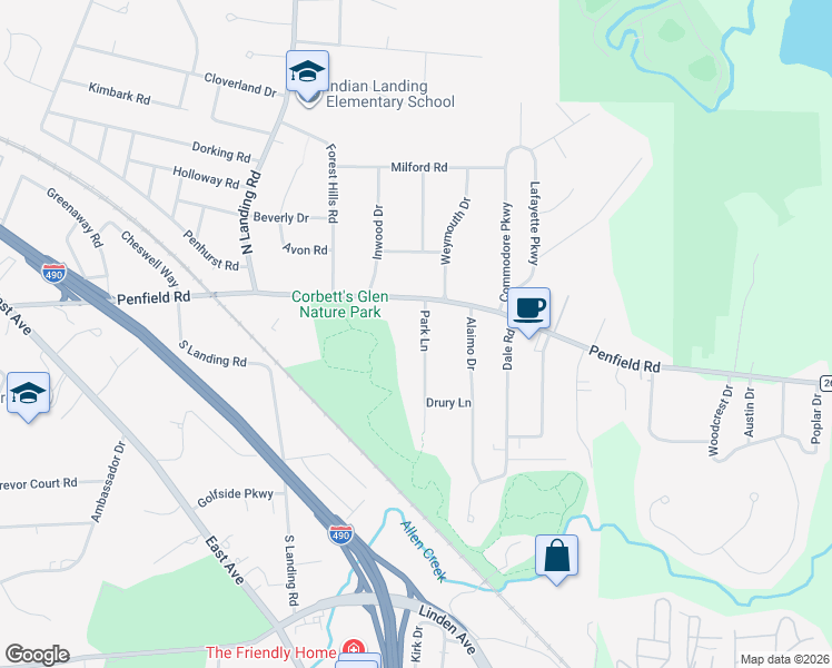 map of restaurants, bars, coffee shops, grocery stores, and more near 45 Park Lane in Rochester