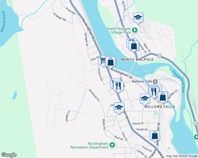 map of restaurants, bars, coffee shops, grocery stores, and more near 6 Hyde Street in Town of Rockingham