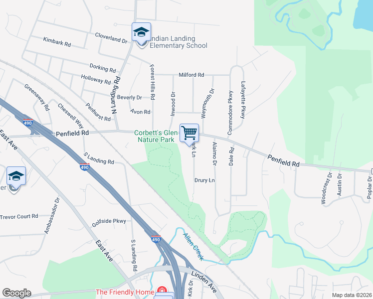 map of restaurants, bars, coffee shops, grocery stores, and more near 525 Penfield Road in Rochester