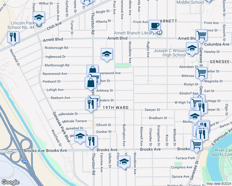 map of restaurants, bars, coffee shops, grocery stores, and more near 76 Anthony Street in Rochester