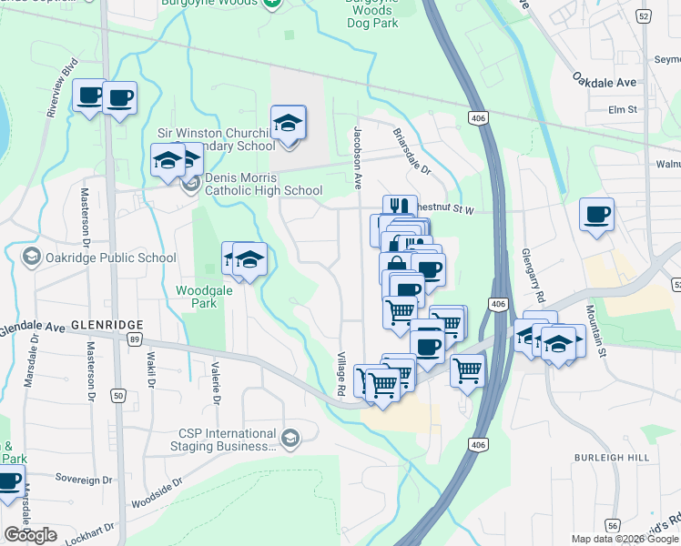 map of restaurants, bars, coffee shops, grocery stores, and more near 85 Crestdale Avenue in St. Catharines