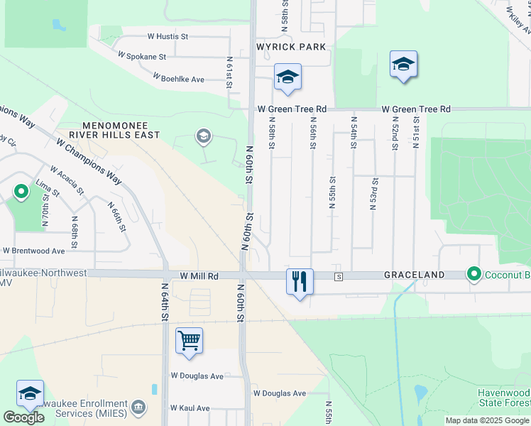 map of restaurants, bars, coffee shops, grocery stores, and more near 6550 North 60th Street in Milwaukee