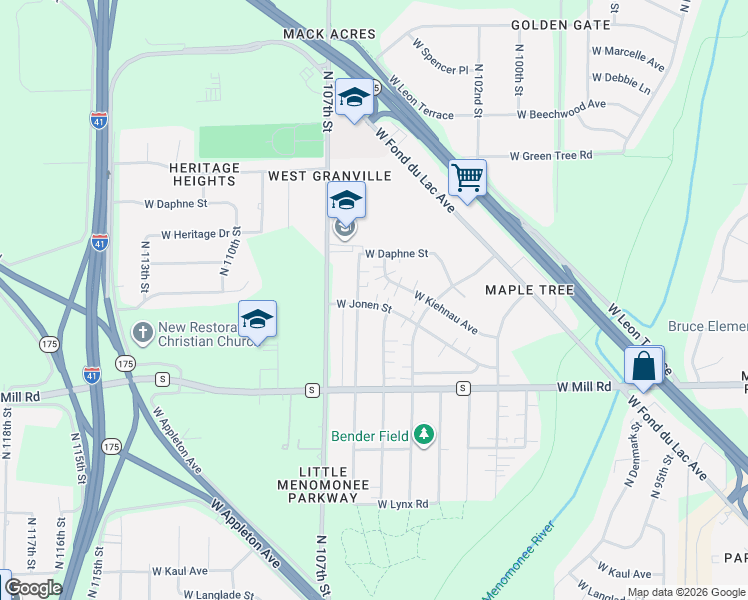 map of restaurants, bars, coffee shops, grocery stores, and more near 10427 West Kiehnau Avenue in Milwaukee
