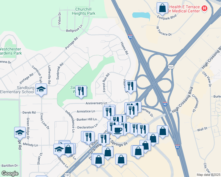 map of restaurants, bars, coffee shops, grocery stores, and more near 3133 Forest Ridge in Madison