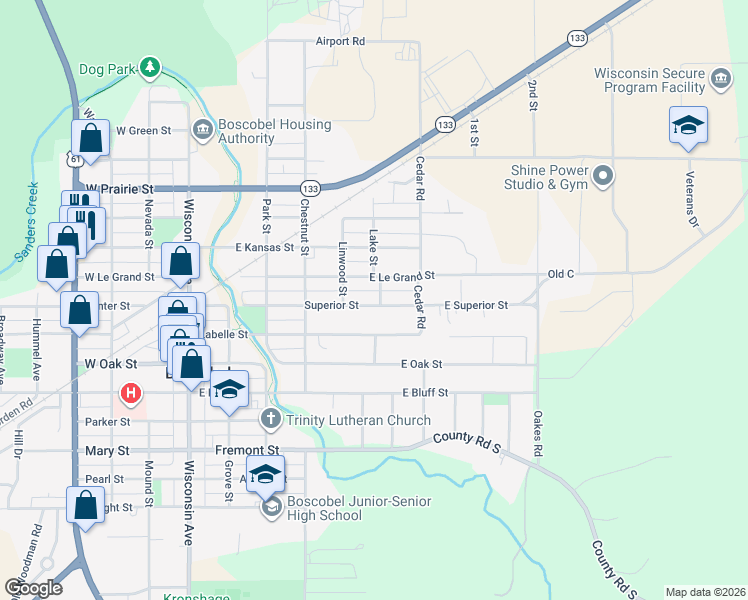 map of restaurants, bars, coffee shops, grocery stores, and more near 603 Superior Street in Boscobel