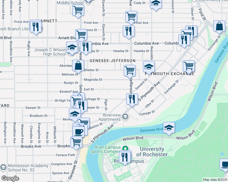map of restaurants, bars, coffee shops, grocery stores, and more near 87 Earl Street in Rochester