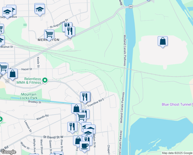 map of restaurants, bars, coffee shops, grocery stores, and more near 27 Fairburn Avenue in St. Catharines