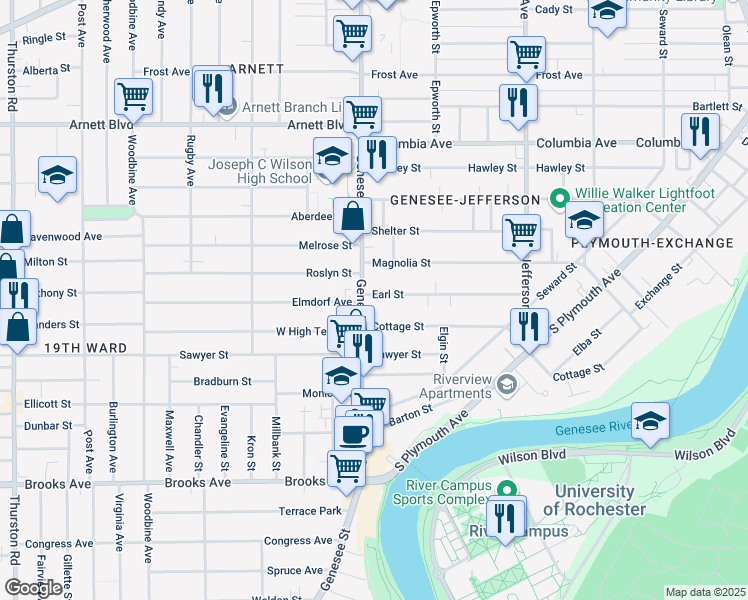 map of restaurants, bars, coffee shops, grocery stores, and more near 234 Earl Street in Rochester