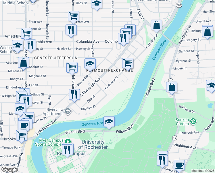 map of restaurants, bars, coffee shops, grocery stores, and more near Exchange Street & Mount Pleasant Park in Rochester