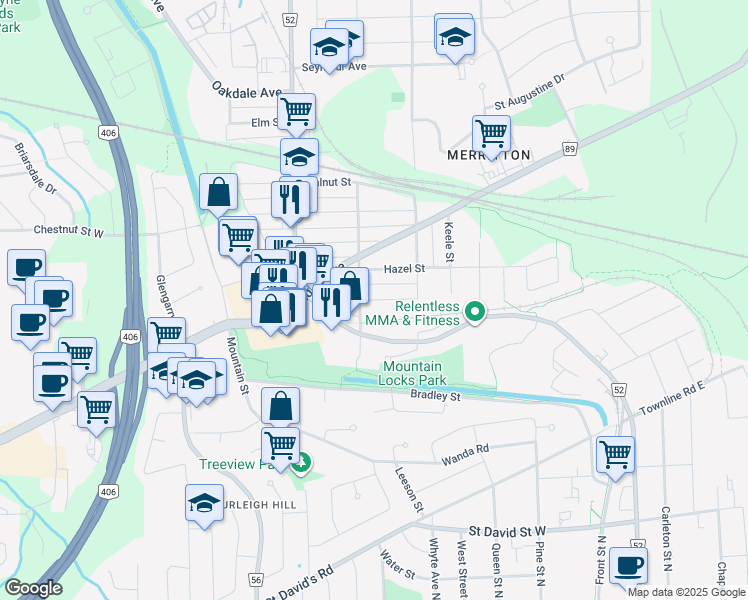 map of restaurants, bars, coffee shops, grocery stores, and more near 33 Pinecrest Avenue in Saint Catharines