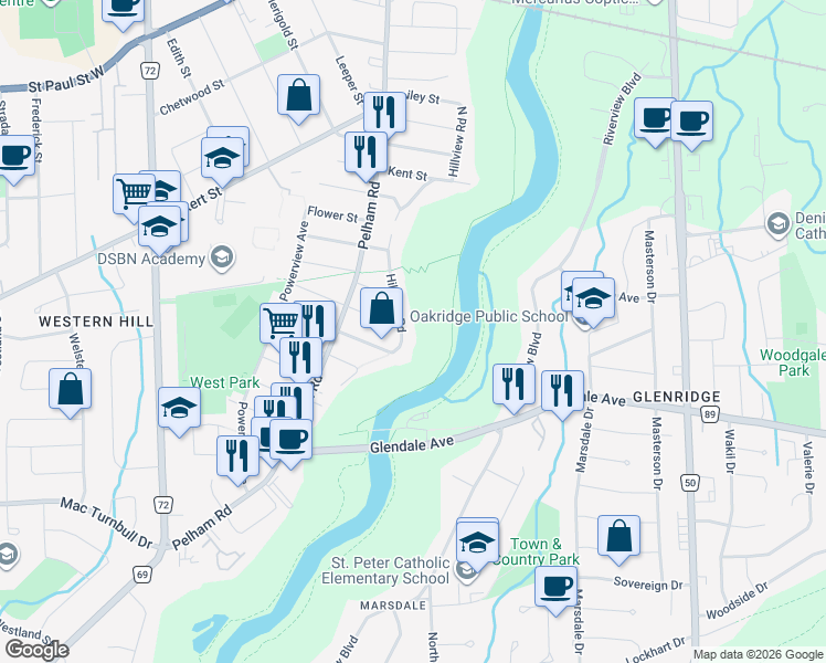map of restaurants, bars, coffee shops, grocery stores, and more near 103 Hillview Road in St. Catharines