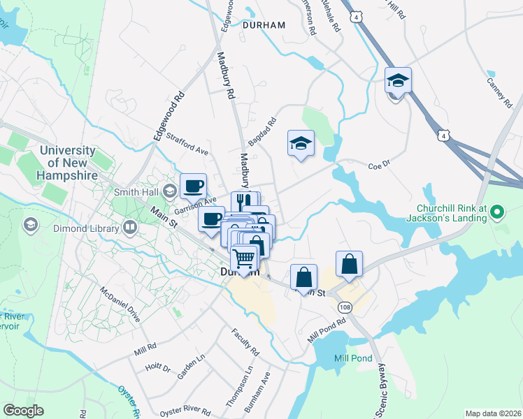 map of restaurants, bars, coffee shops, grocery stores, and more near 24 Madbury Road in Durham