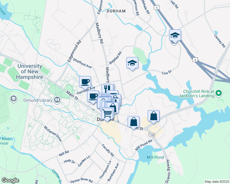 map of restaurants, bars, coffee shops, grocery stores, and more near 24 Madbury Road in Durham