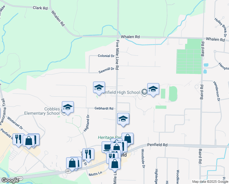map of restaurants, bars, coffee shops, grocery stores, and more near 2031 Five Mile Line Road in Penfield