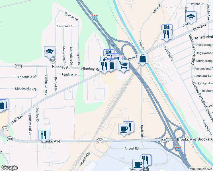 map of restaurants, bars, coffee shops, grocery stores, and more near 60 Frederick Drive in Rochester