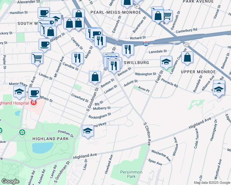 map of restaurants, bars, coffee shops, grocery stores, and more near 10 Bly Street in Rochester