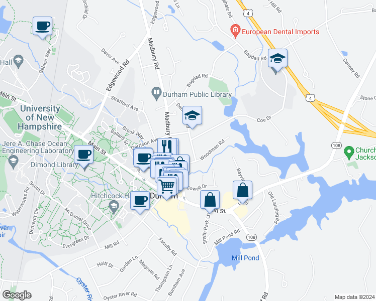 map of restaurants, bars, coffee shops, grocery stores, and more near 55 Dennison Road in Durham
