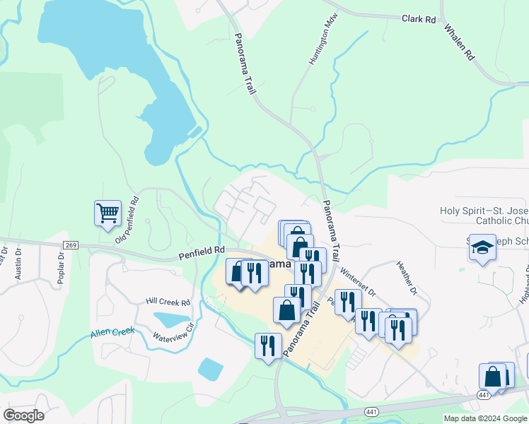 map of restaurants, bars, coffee shops, grocery stores, and more near 93 Penn Lane in Rochester