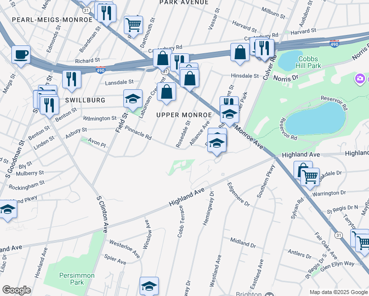 map of restaurants, bars, coffee shops, grocery stores, and more near 123 Pinnacle Road in Rochester