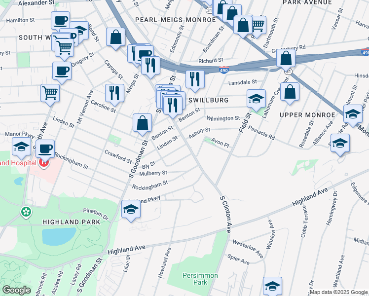 map of restaurants, bars, coffee shops, grocery stores, and more near 1104 South Clinton Avenue in Rochester