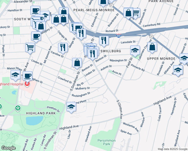 map of restaurants, bars, coffee shops, grocery stores, and more near 709 Linden Street in Rochester