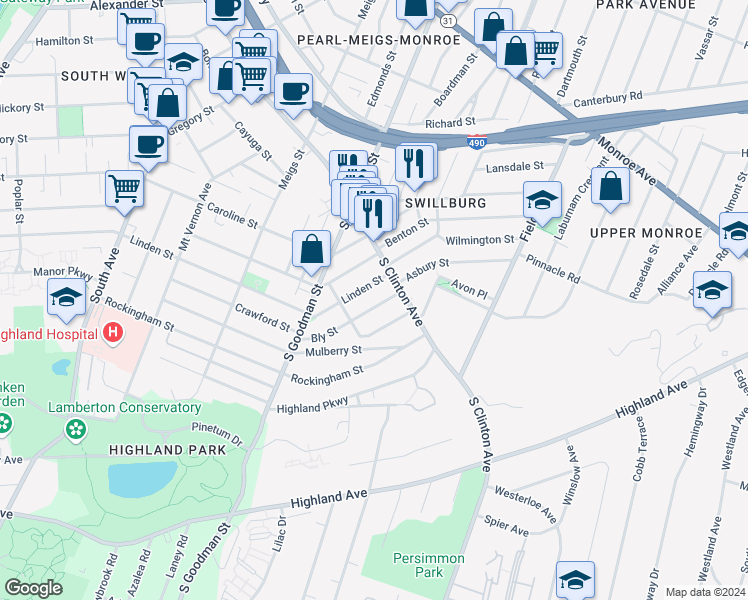 map of restaurants, bars, coffee shops, grocery stores, and more near 709 Linden Street in Rochester