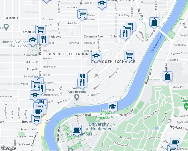 map of restaurants, bars, coffee shops, grocery stores, and more near 1043 South Plymouth Avenue in Rochester