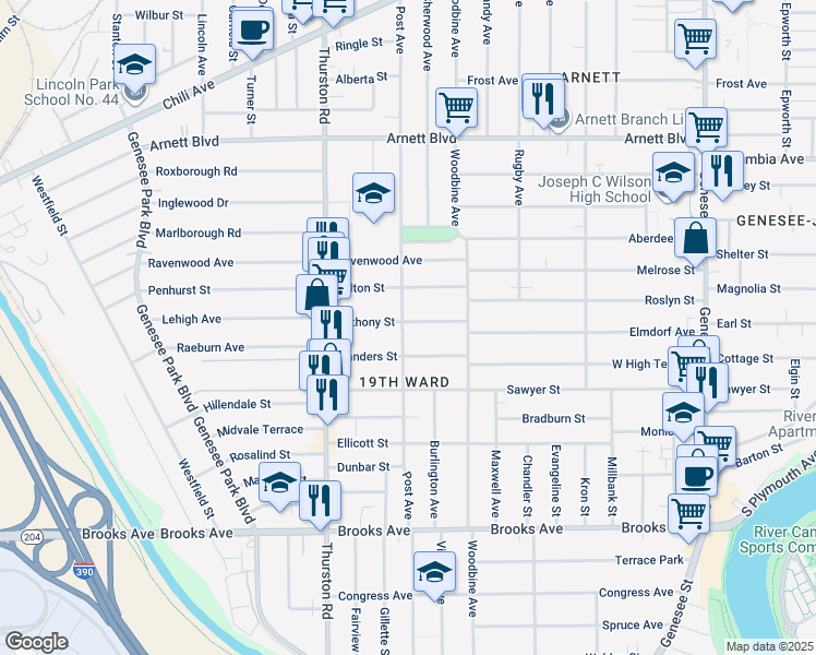 map of restaurants, bars, coffee shops, grocery stores, and more near 76 Anthony Street in Rochester