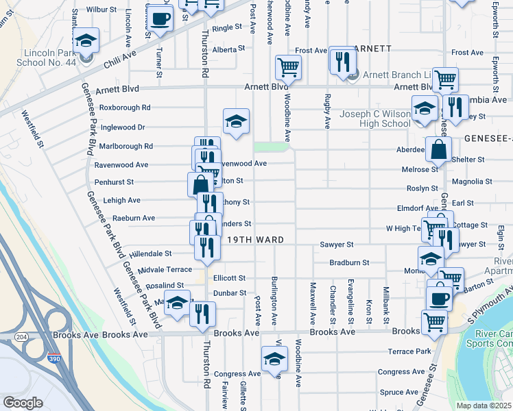 map of restaurants, bars, coffee shops, grocery stores, and more near 76 Anthony Street in Rochester