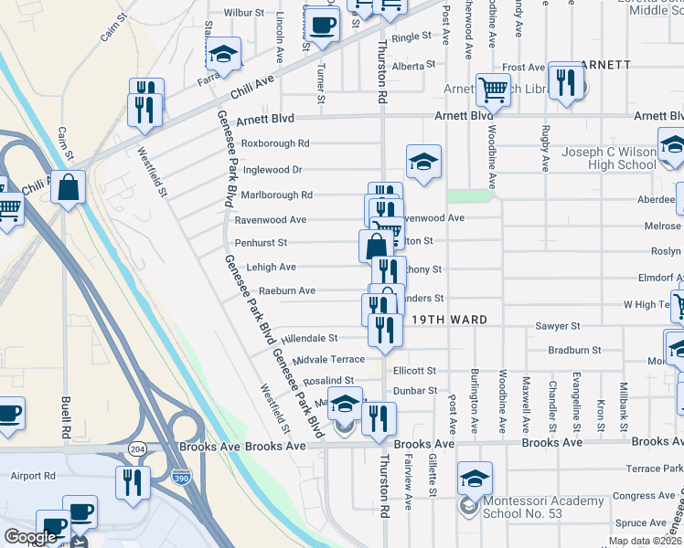 map of restaurants, bars, coffee shops, grocery stores, and more near 85 Lehigh Avenue in Rochester