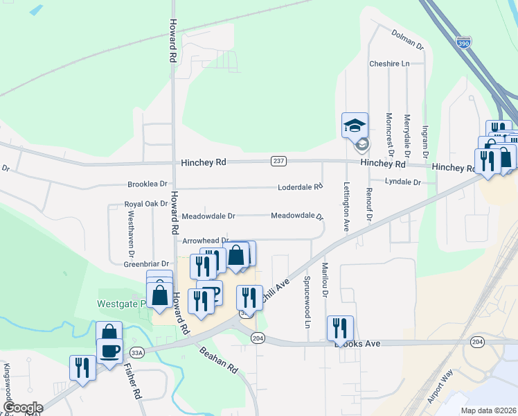map of restaurants, bars, coffee shops, grocery stores, and more near 200 Meadowdale Drive in Rochester