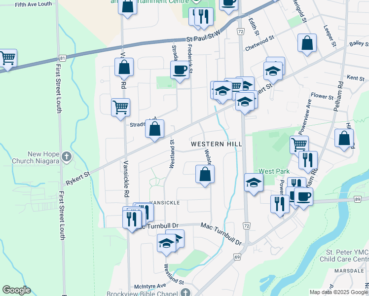 map of restaurants, bars, coffee shops, grocery stores, and more near 159 McBride Drive in St. Catharines
