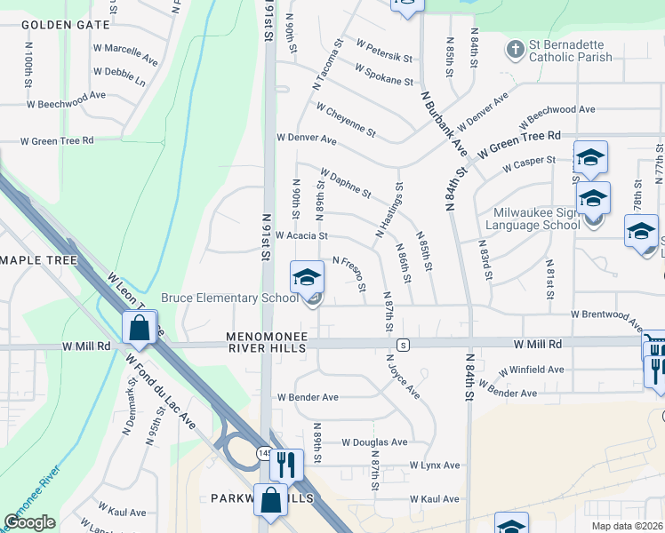 map of restaurants, bars, coffee shops, grocery stores, and more near 6549 North 89th Street in Milwaukee