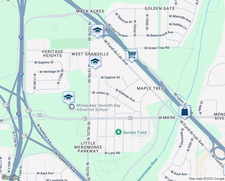 map of restaurants, bars, coffee shops, grocery stores, and more near 10427 West Kiehnau Avenue in Milwaukee