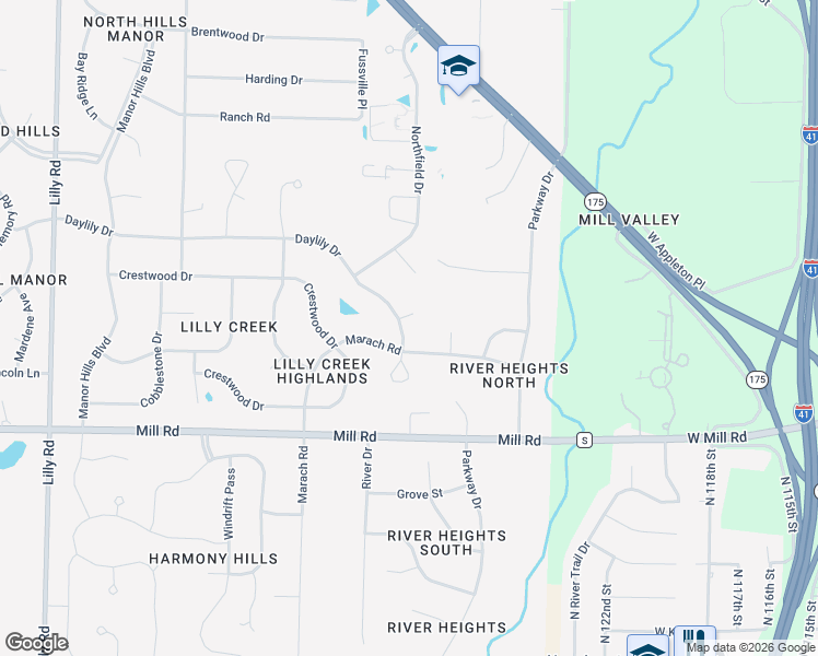 map of restaurants, bars, coffee shops, grocery stores, and more near W129N6630 Daylily Drive in Menomonee Falls