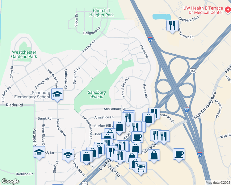 map of restaurants, bars, coffee shops, grocery stores, and more near 3217 Forest Run Court in Madison